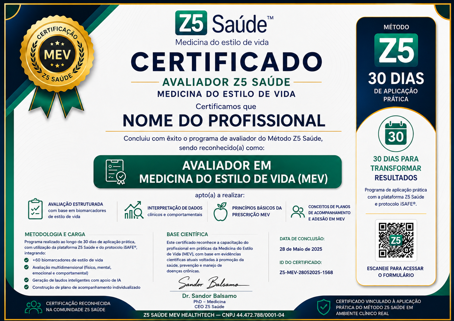 Certificado Avaliador em MEV — Z5 Saúde